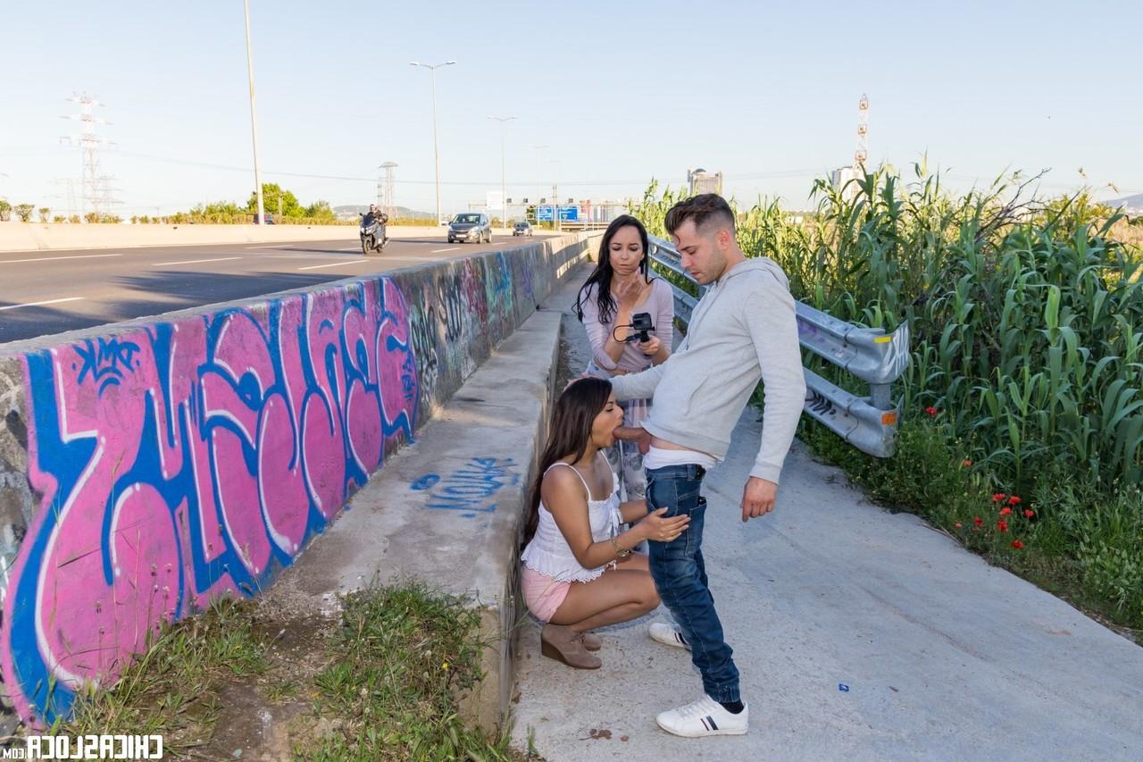 18P Hitchhikers take to the side of the highway for a threesome in public