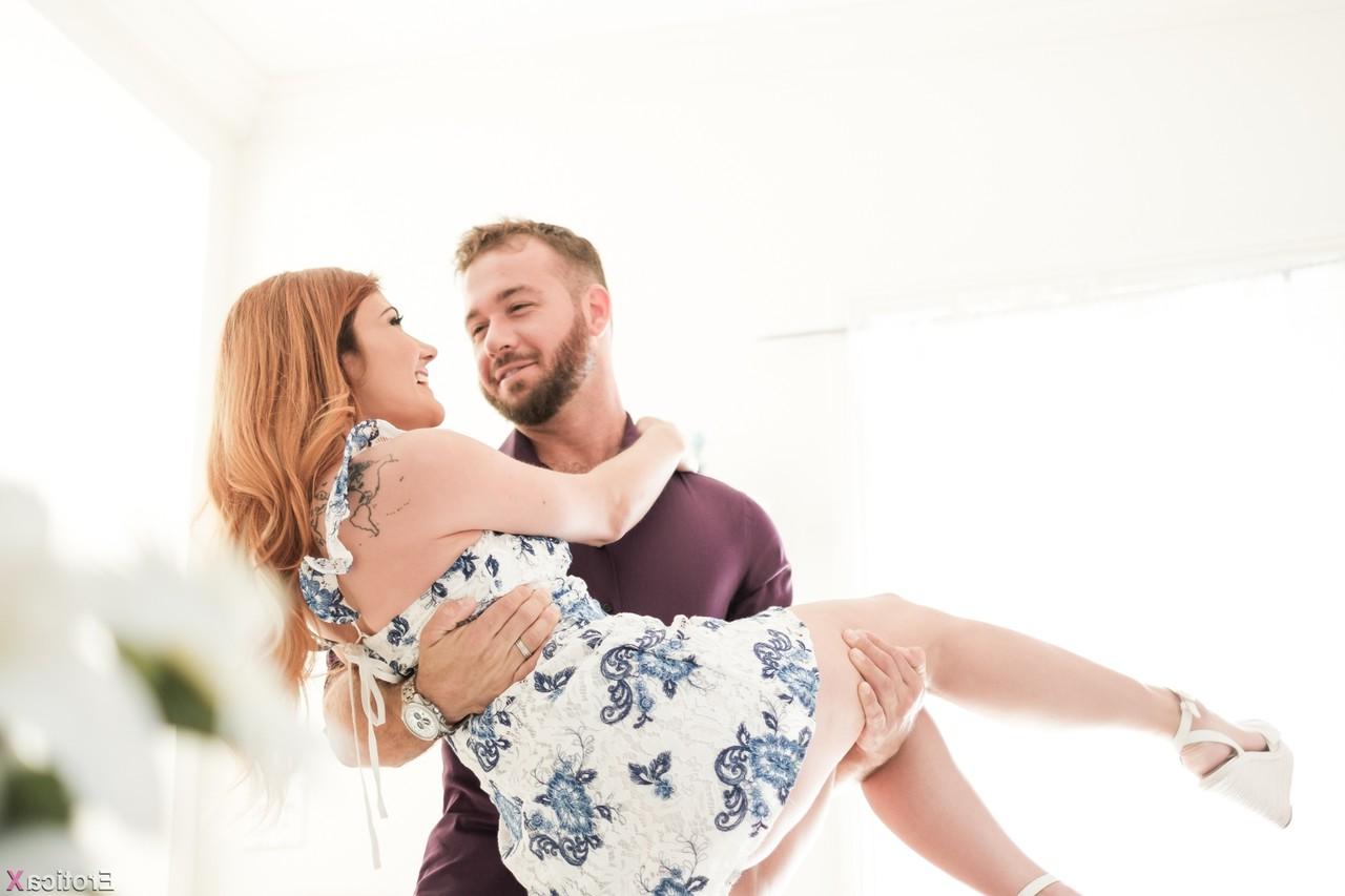 15P Natural redhead Adria Rae is swept off her feet before a couple's fuck