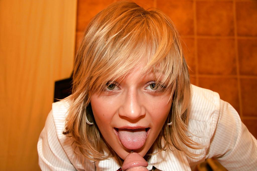16P Lusty schoolgirl with no panties on gives a sensual blow and feetjob