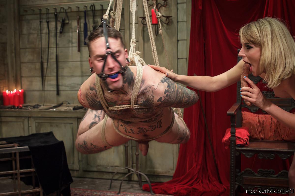 20P Crazy femdom Mona Wales fucking her ball-gagged and bound slave from behind