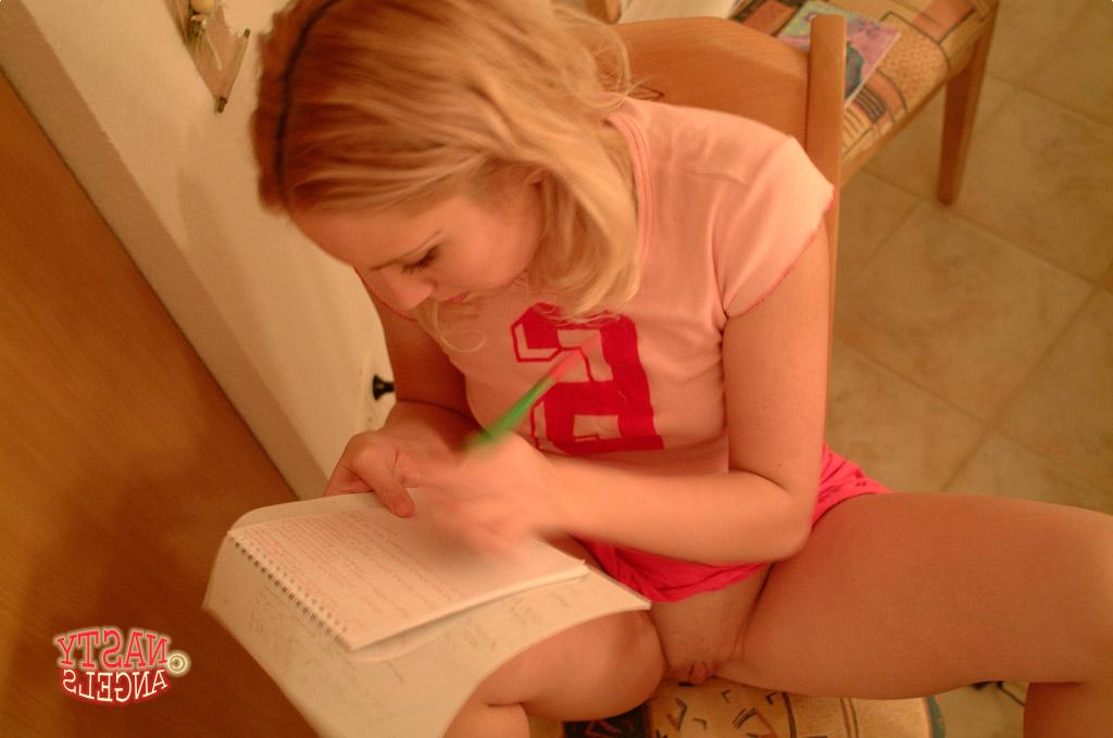 20P Golden-haired teen Jessika rubs her pussy with a pen while doing homework