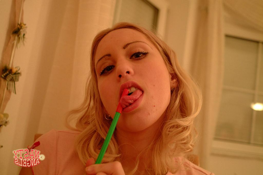 20P Golden-haired teen Jessika rubs her pussy with a pen while doing homework