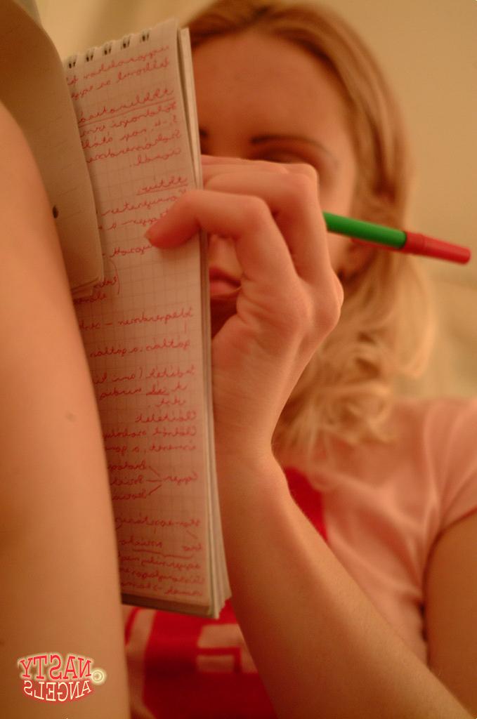 20P Golden-haired teen Jessika rubs her pussy with a pen while doing homework