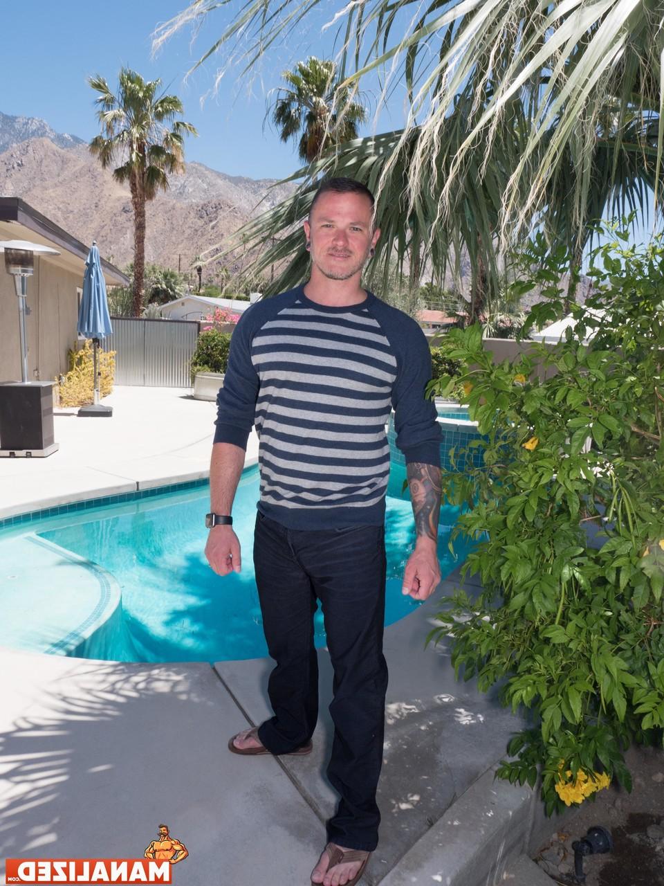 11P Gay hottie Max Cameron goes topless poolside and shows his inked body
