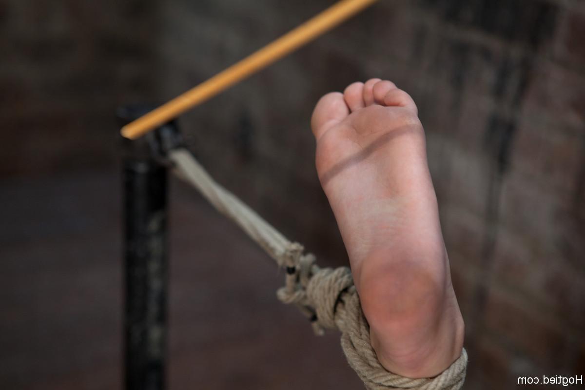 20P Brunette wife Emma Haize strips and gets tied up and punished on the floor