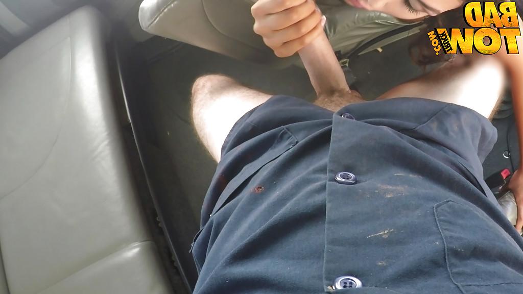 16P Brunette female Kylie jerking and sucking off long cock in backseat of vehicle