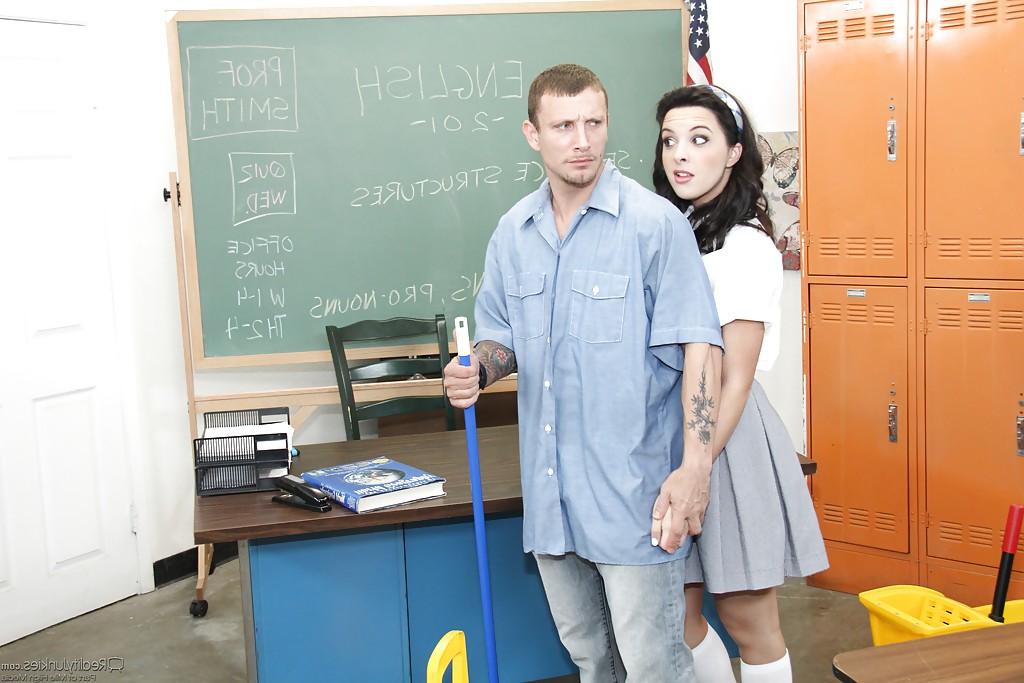 16P Nasty schoolgirl seduces and janitor and gets shagged for cum on her face