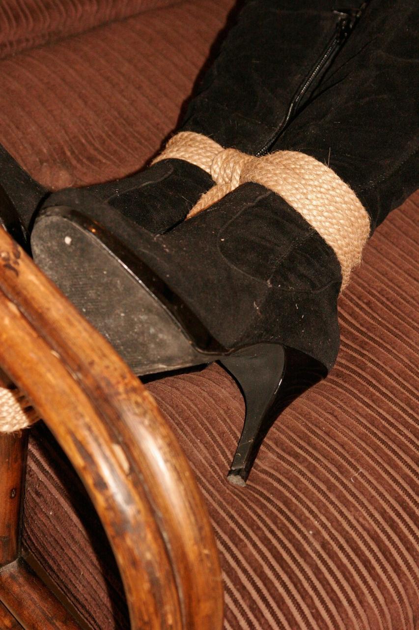 20P Redhead with tiny tits Diana gets bound & gagged half naked on a loveseat