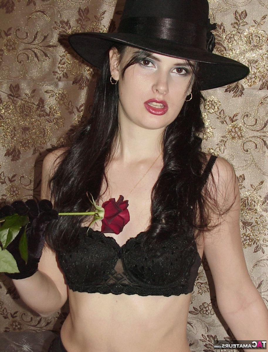20P Sexy chick Susy Rocks removes a hat while going topless in black velvet gloves