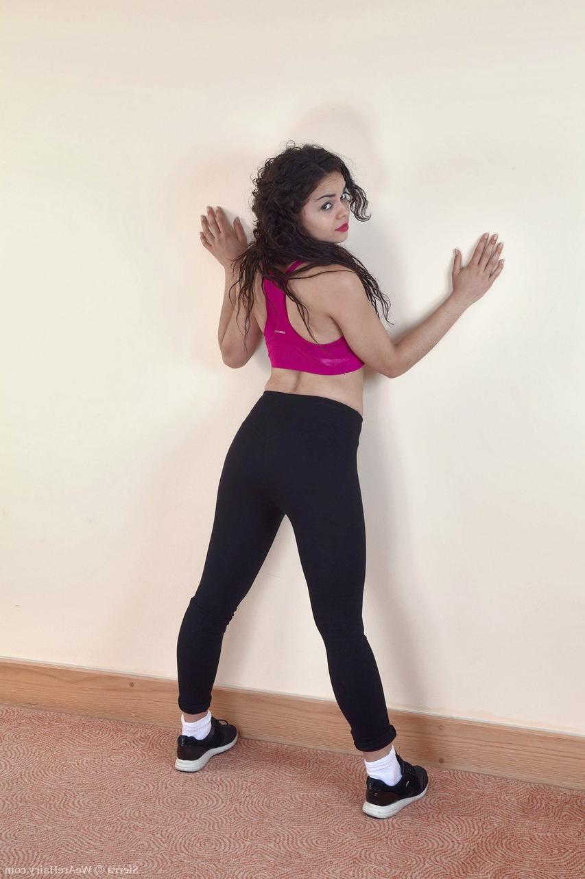 17P Brunette hottie in workout clothes Sierra spreads her tight and hairy vagina