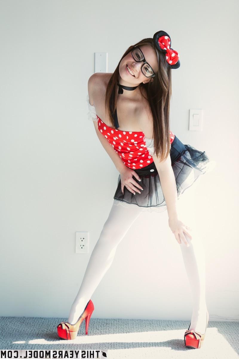 15P Sweet teen Alison Rey Hine bares her small tits while wearing glasses and hose