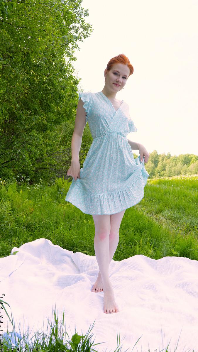 16P Pale redhead Fox Eva gets totally naked on a blanket near a tree line