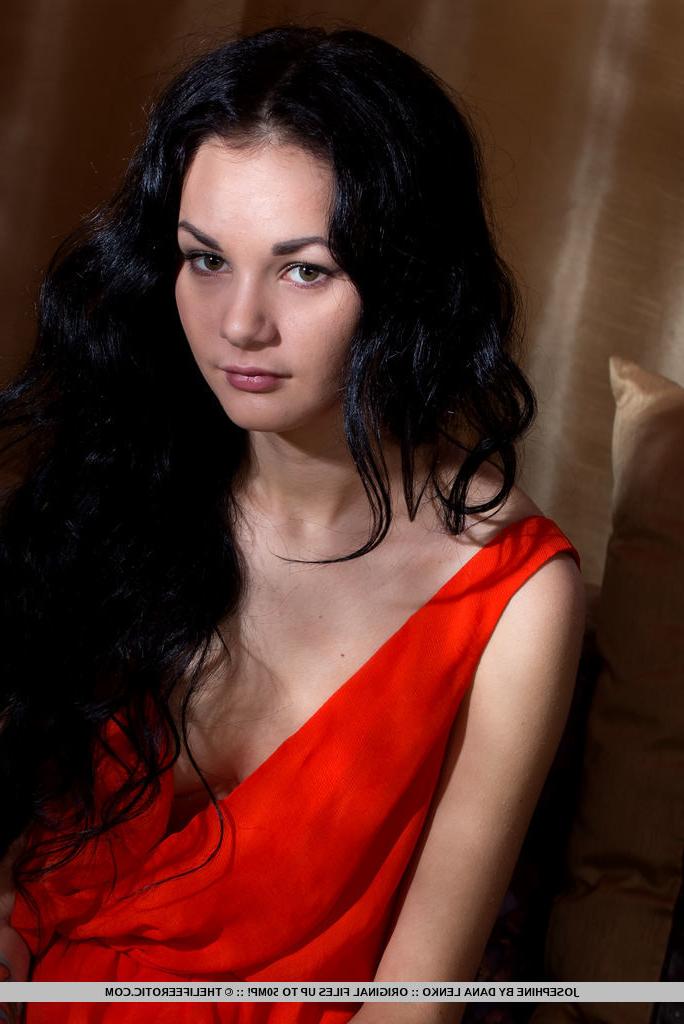 16P Dark haired teen Josephine fingers her pussy while removing a little red dress