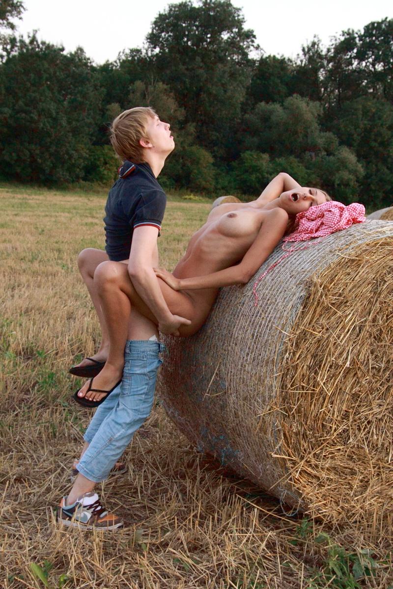 10P Young lovers Kitty Jane & Augustin have sex in a field against a round bale