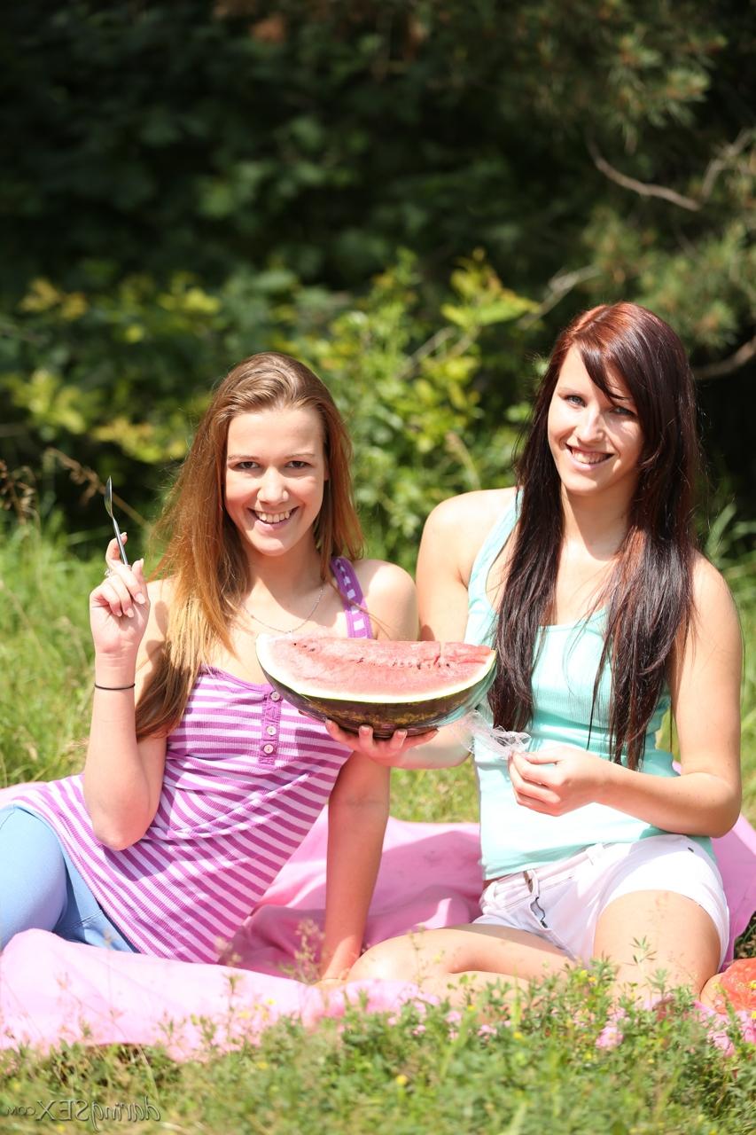 20P European lesbians Alexis and Morgan toy pussy together while on a picnic