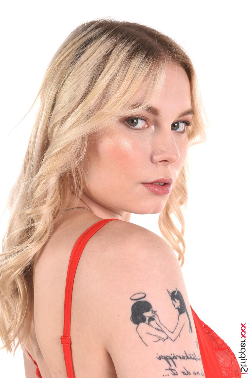 15P Tattooed blonde Mimi Cica doffs red lingerie before vaginal and anal fingering