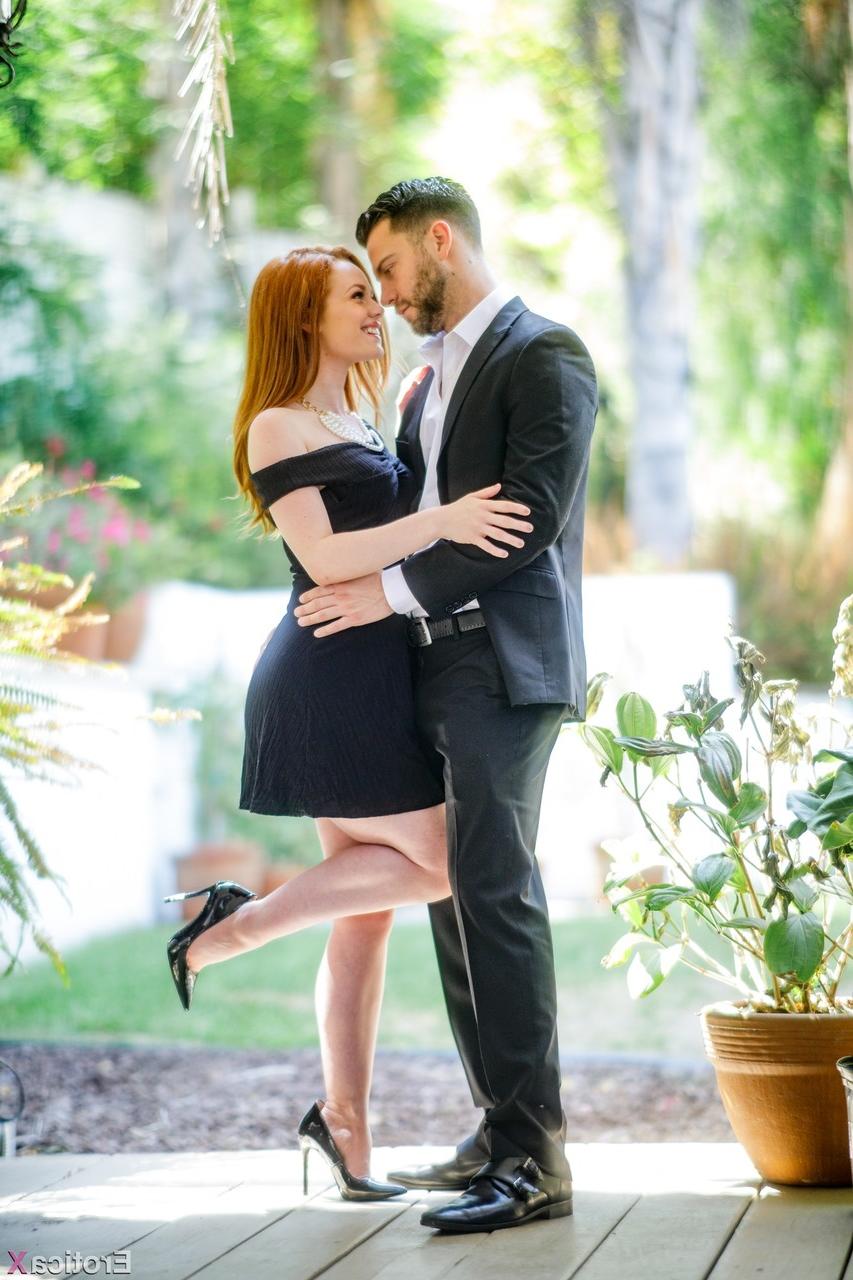 15P Pale redhead Ella Hughes seduces her man in a short black dress and heels