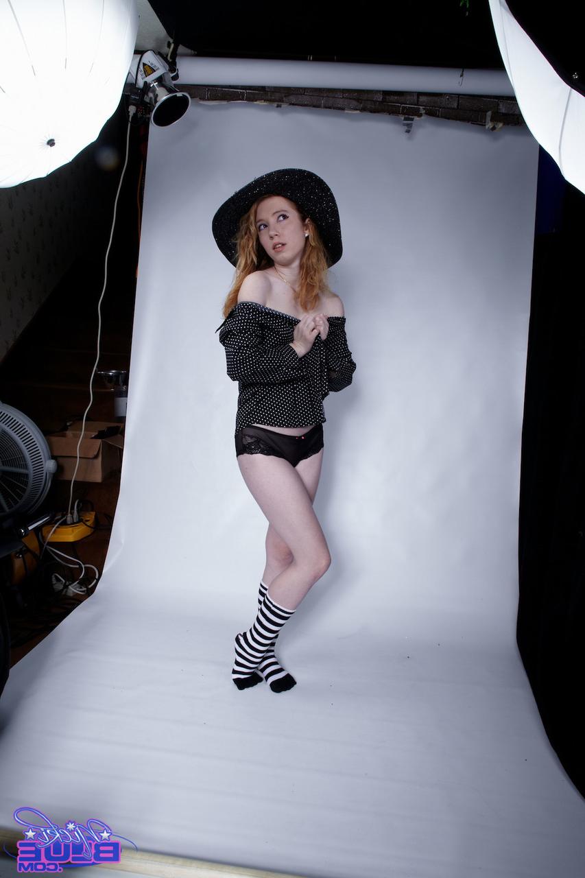 20P Petite Nicki Blue flaunts her natural tits in a big black hat & sexy panties