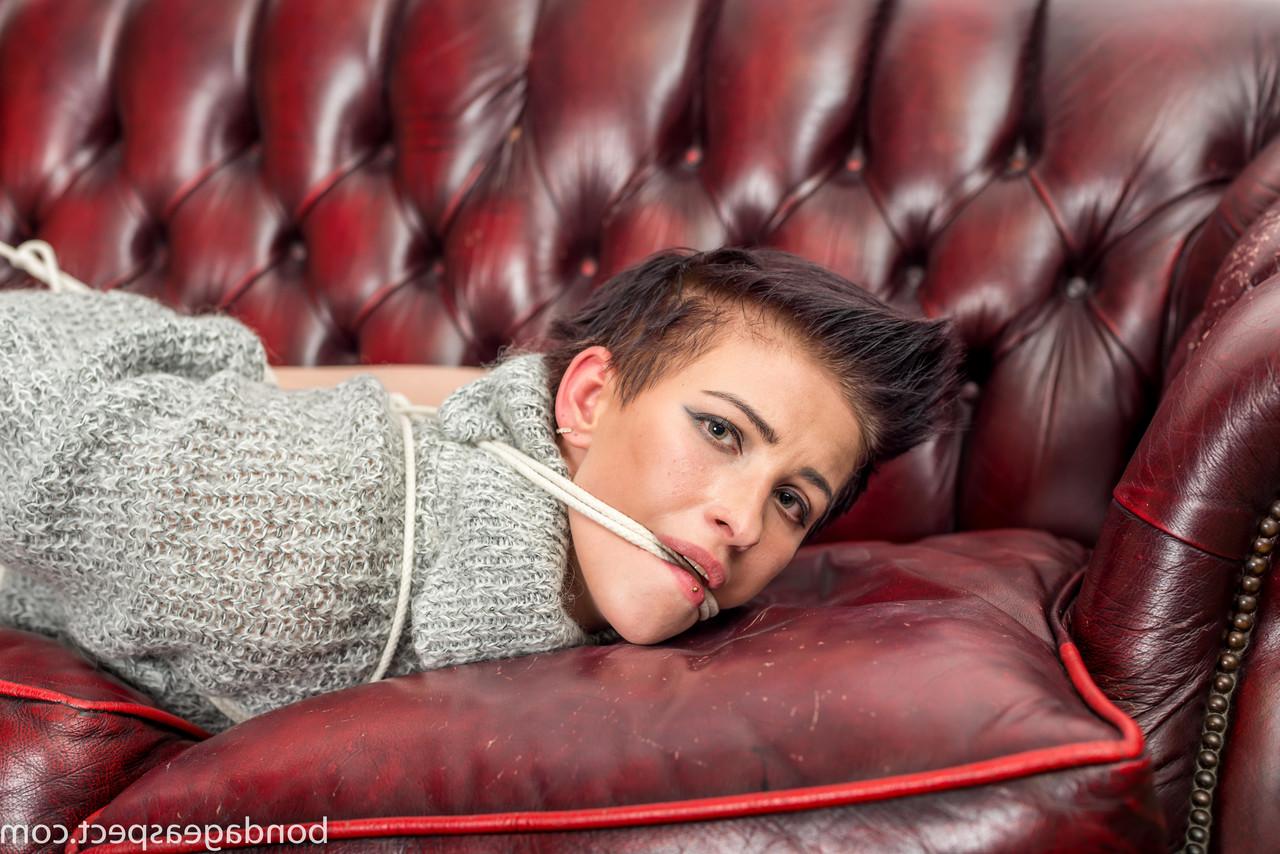 12P White girl Claudia is gagged and bound while wearing a sweater dress