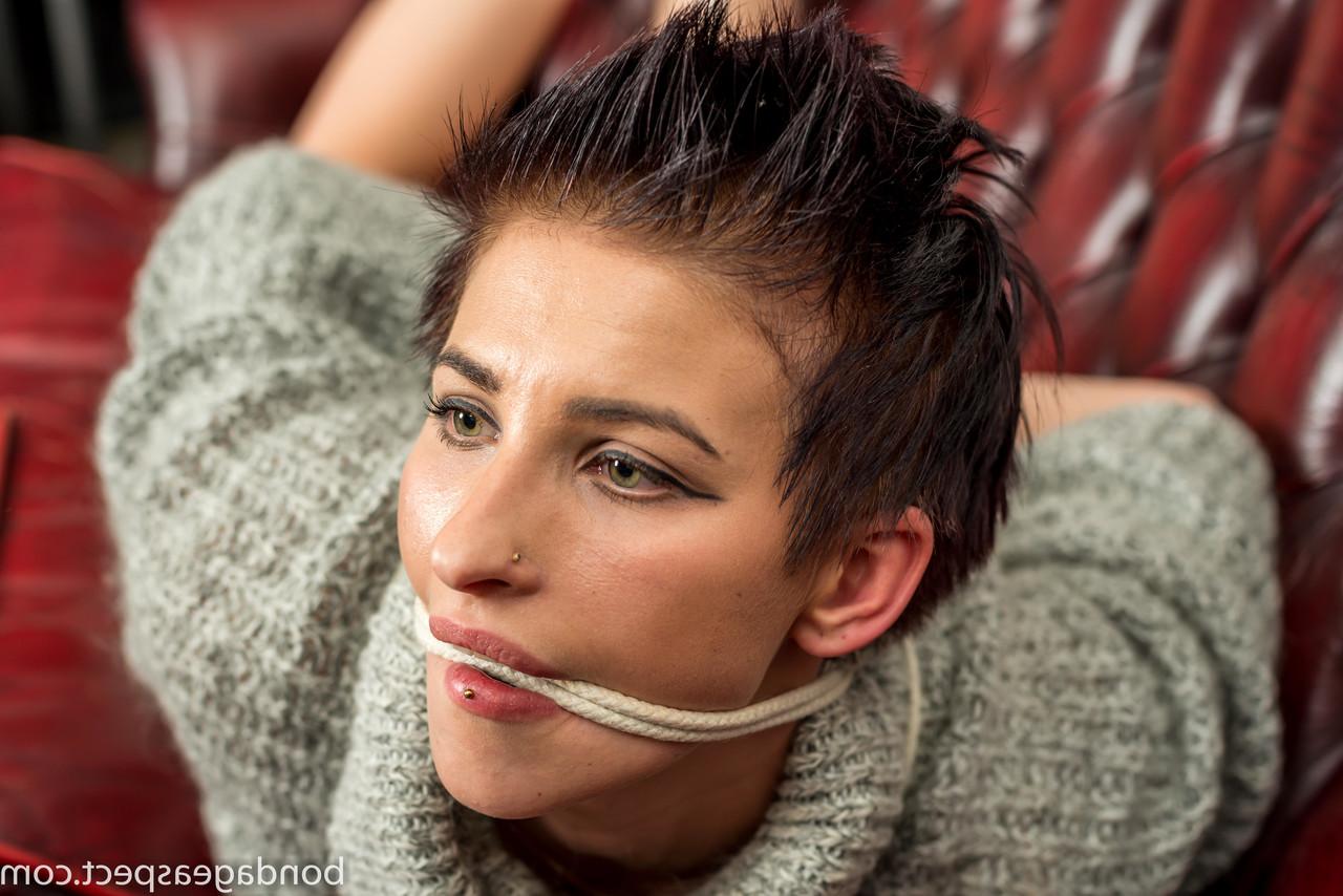 12P White girl Claudia is gagged and bound while wearing a sweater dress