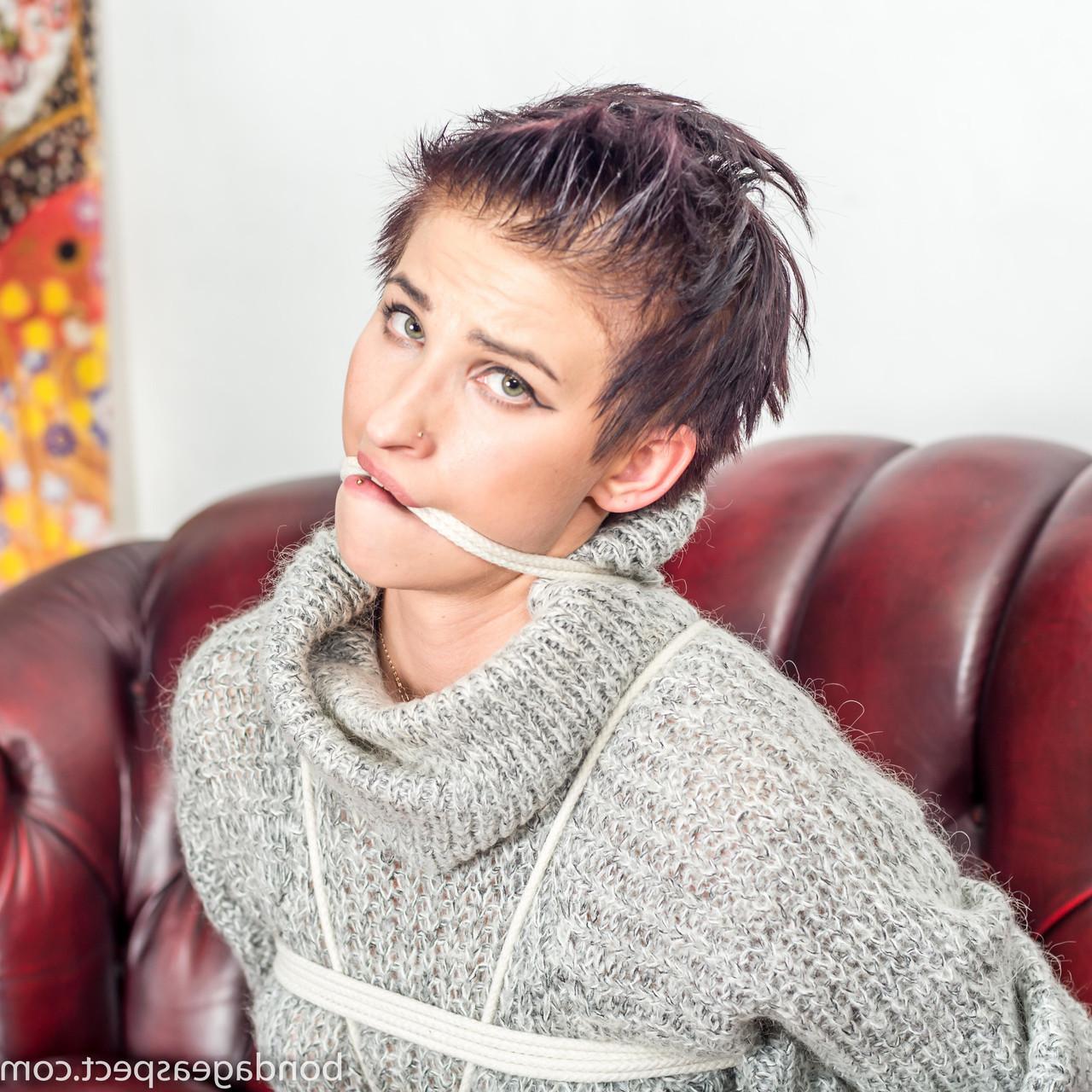 12P White girl Claudia is gagged and bound while wearing a sweater dress