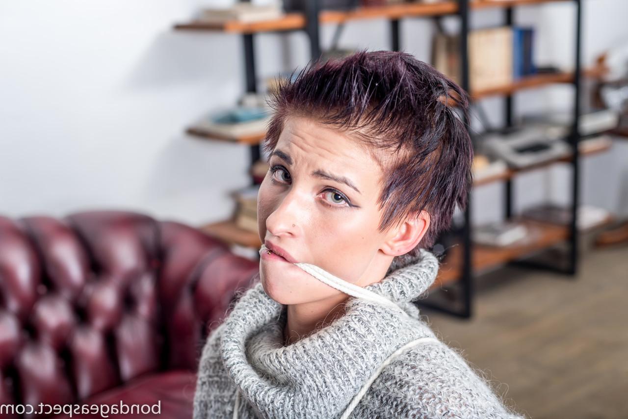 12P White girl Claudia is gagged and bound while wearing a sweater dress