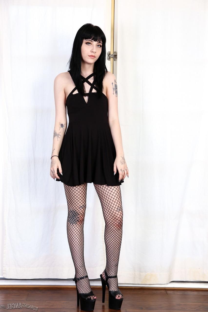 17P Petite Goth slut Charlotte Sartre taking off black dress and exposing pussy