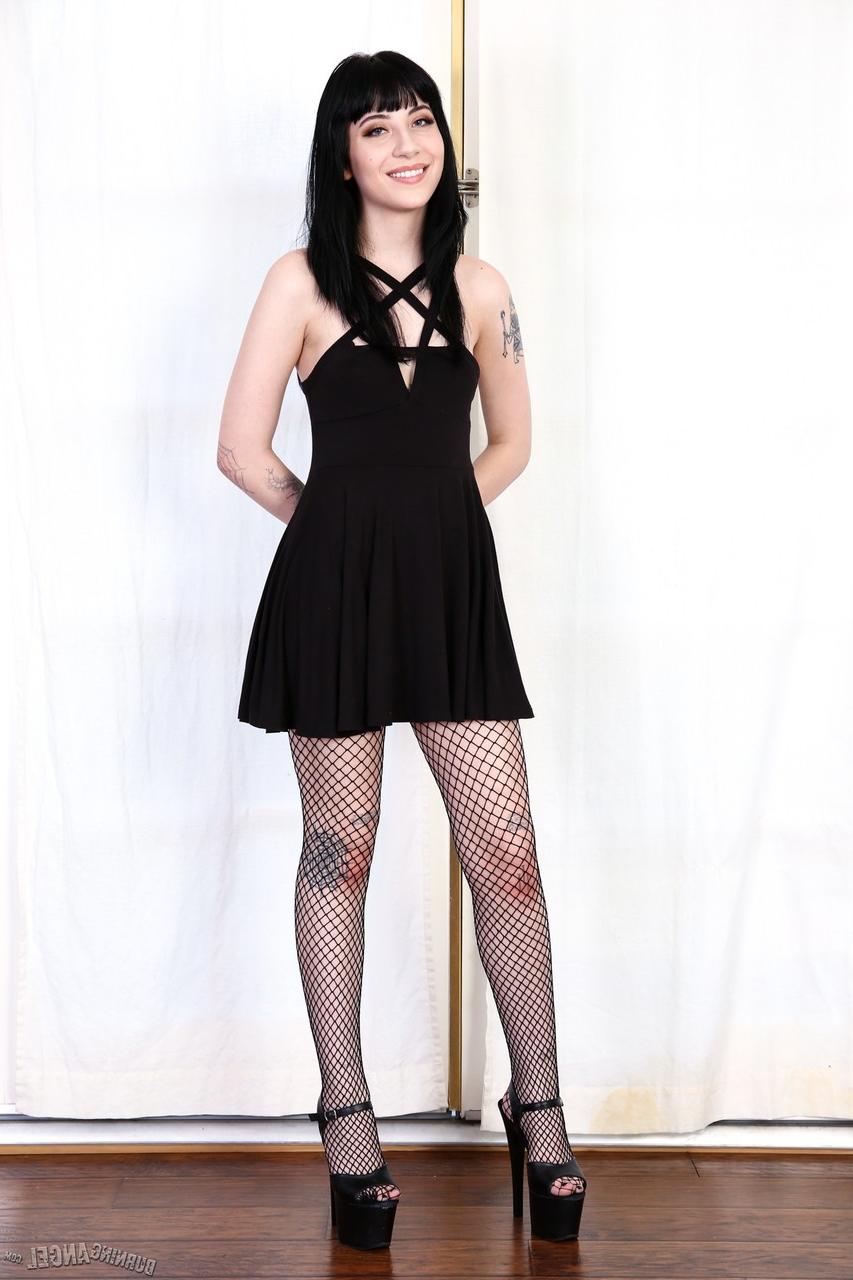 17P Petite Goth slut Charlotte Sartre taking off black dress and exposing pussy