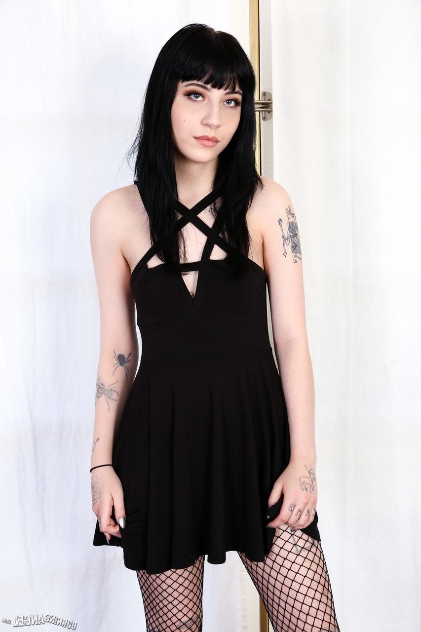 17P Petite Goth slut Charlotte Sartre taking off black dress and exposing pussy