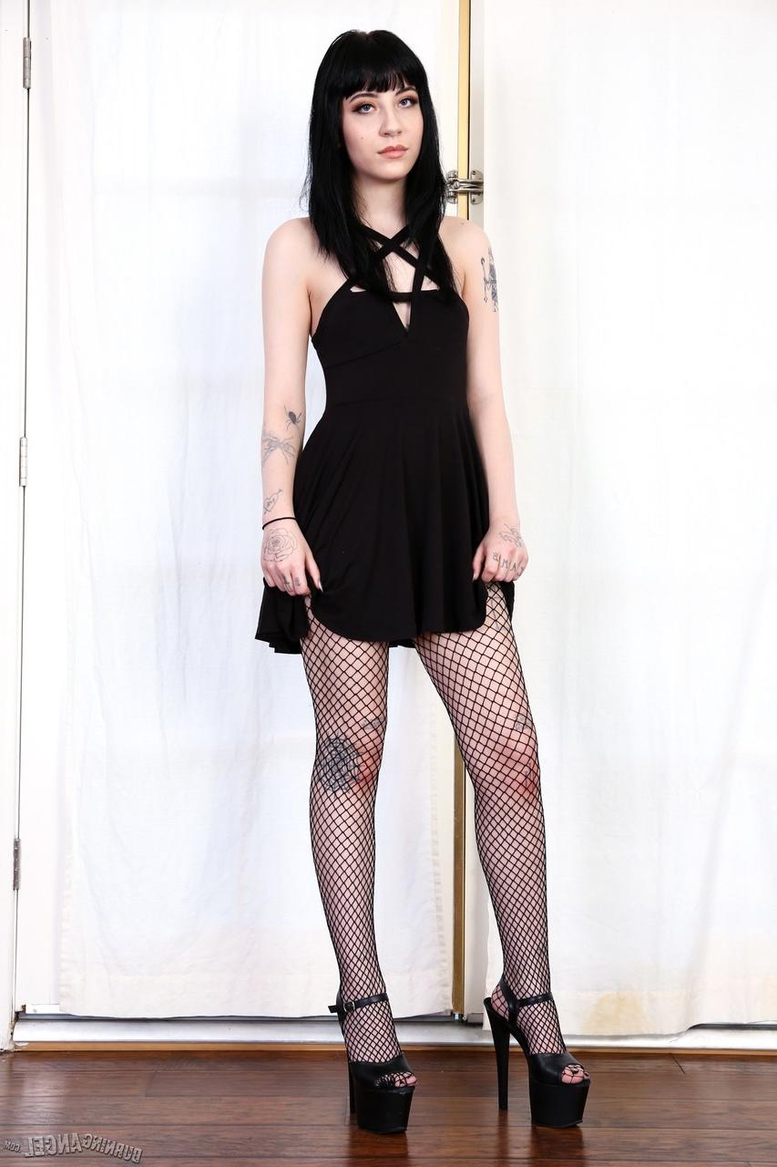 17P Petite Goth slut Charlotte Sartre taking off black dress and exposing pussy