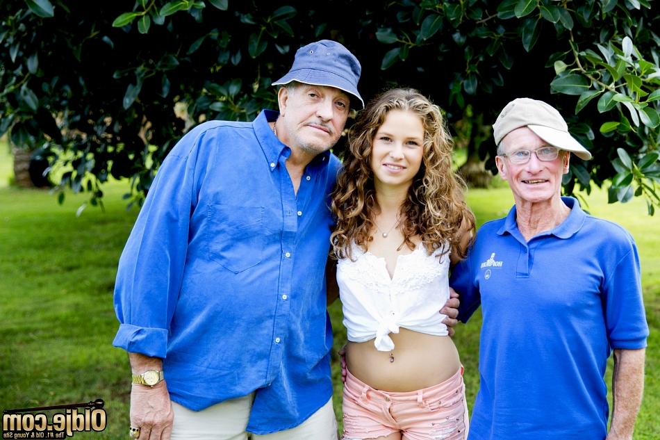 16P Petite teen girl has sex on the back lawn with two old men at once