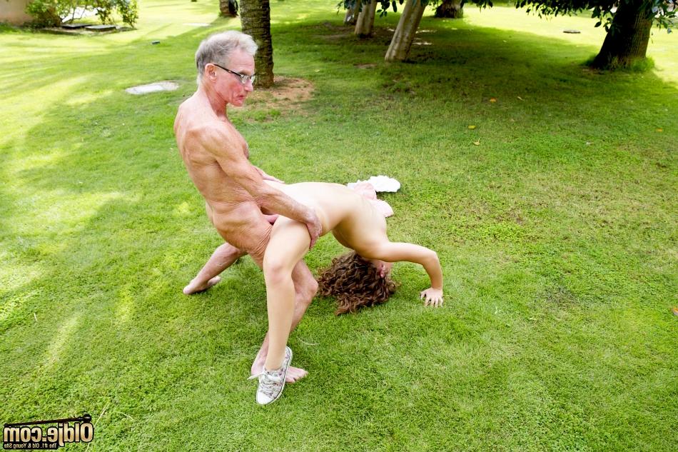 16P Petite teen girl has sex on the back lawn with two old men at once