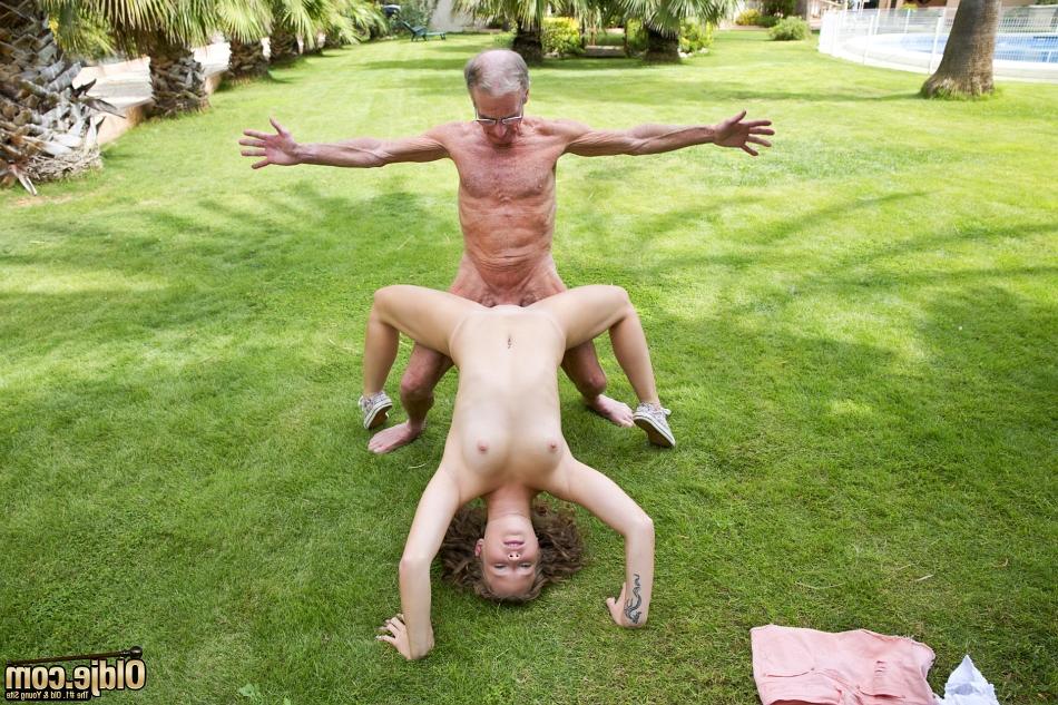 16P Petite teen girl has sex on the back lawn with two old men at once
