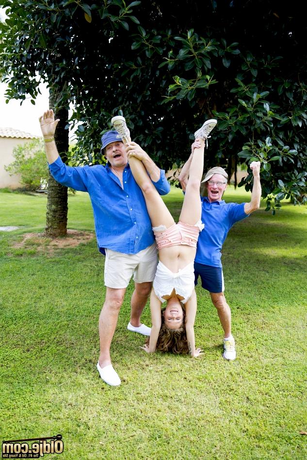 16P Petite teen girl has sex on the back lawn with two old men at once