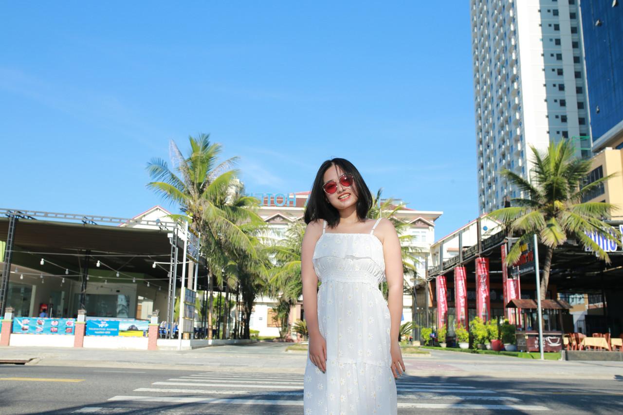 20P Cute Asian girl with eyeglasses posing in her lovely white dress in public