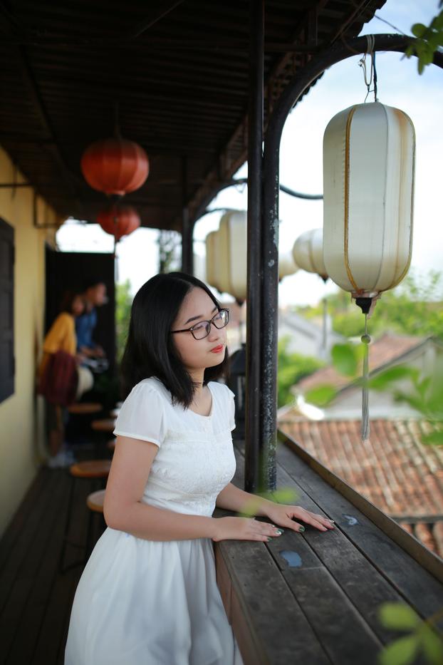 20P Cute Asian girl with eyeglasses posing in her lovely white dress in public