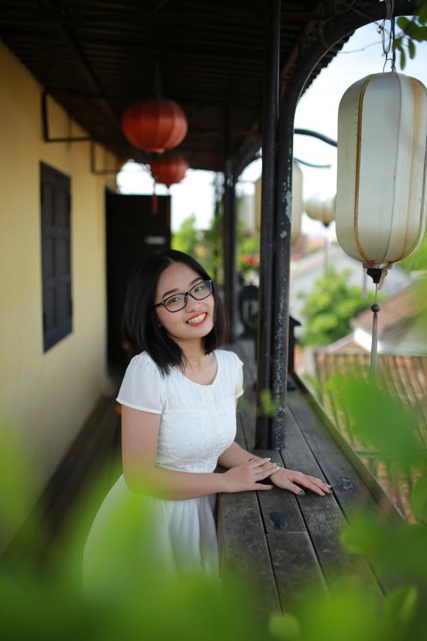 20P Cute Asian girl with eyeglasses posing in her lovely white dress in public