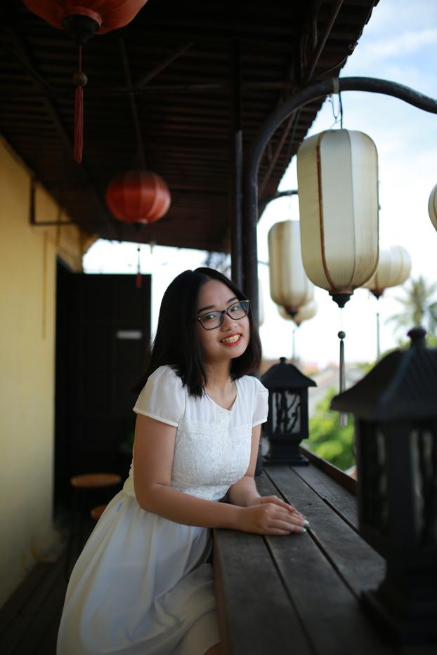 20P Cute Asian girl with eyeglasses posing in her lovely white dress in public