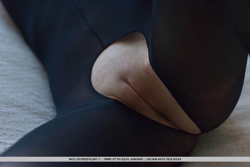 16P Masked Euro Katia B masturbates in cuffs and black crotchless pantyhose