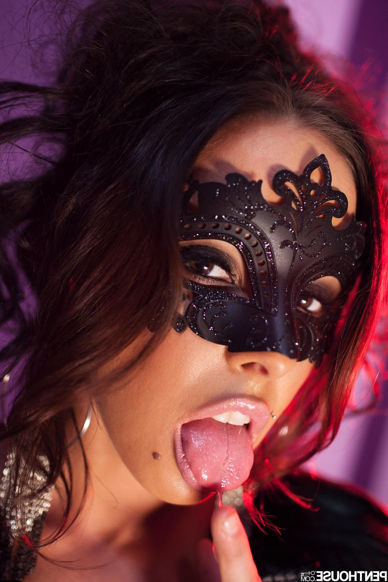 17P Centerfold model Brandy Aniston shows her tits and pussy while wearing a mask