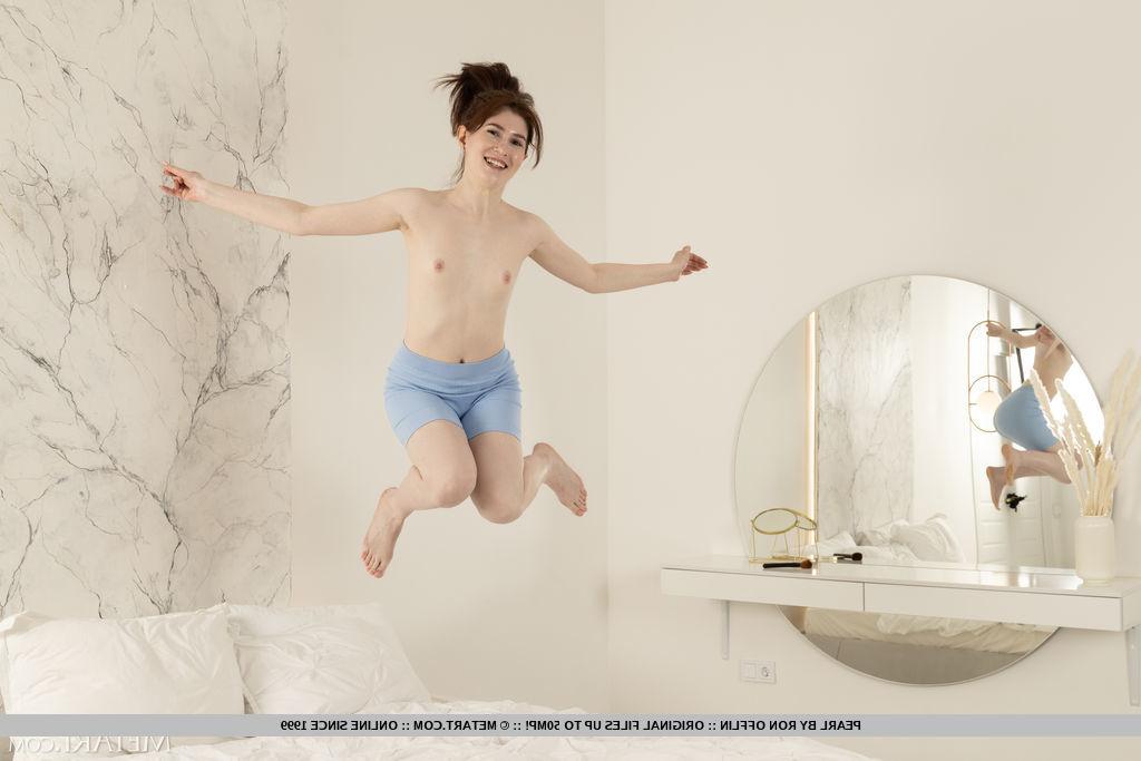 18P Brunette teen Pearl discards athletic wear to go nude on a bed