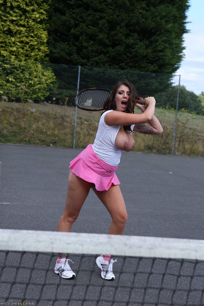 19P Big titted tennis player Abbie Cat frees fake big tits & flashes naked upskirt