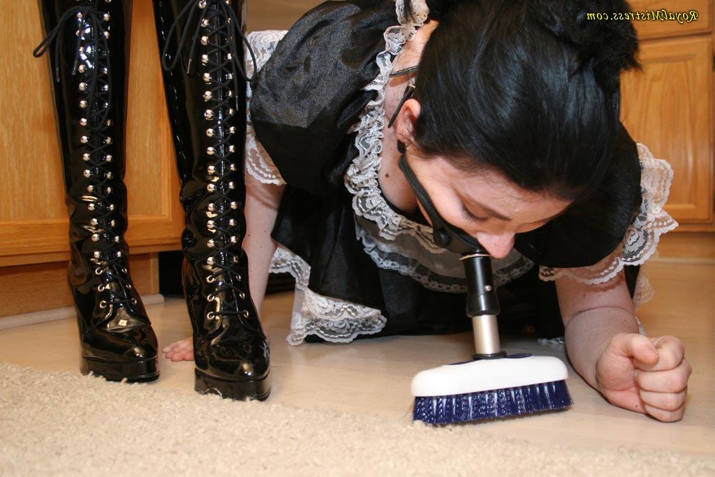 12P Dark haired maid is humiliated before licking her mistress's black boots